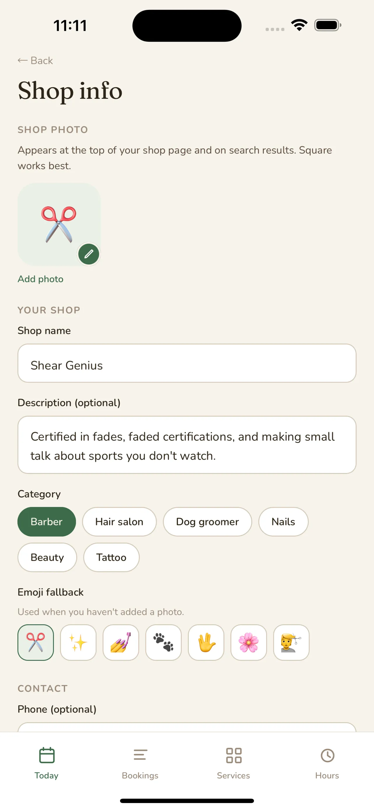The TidyLike app showing a barber shop's profile and category settings