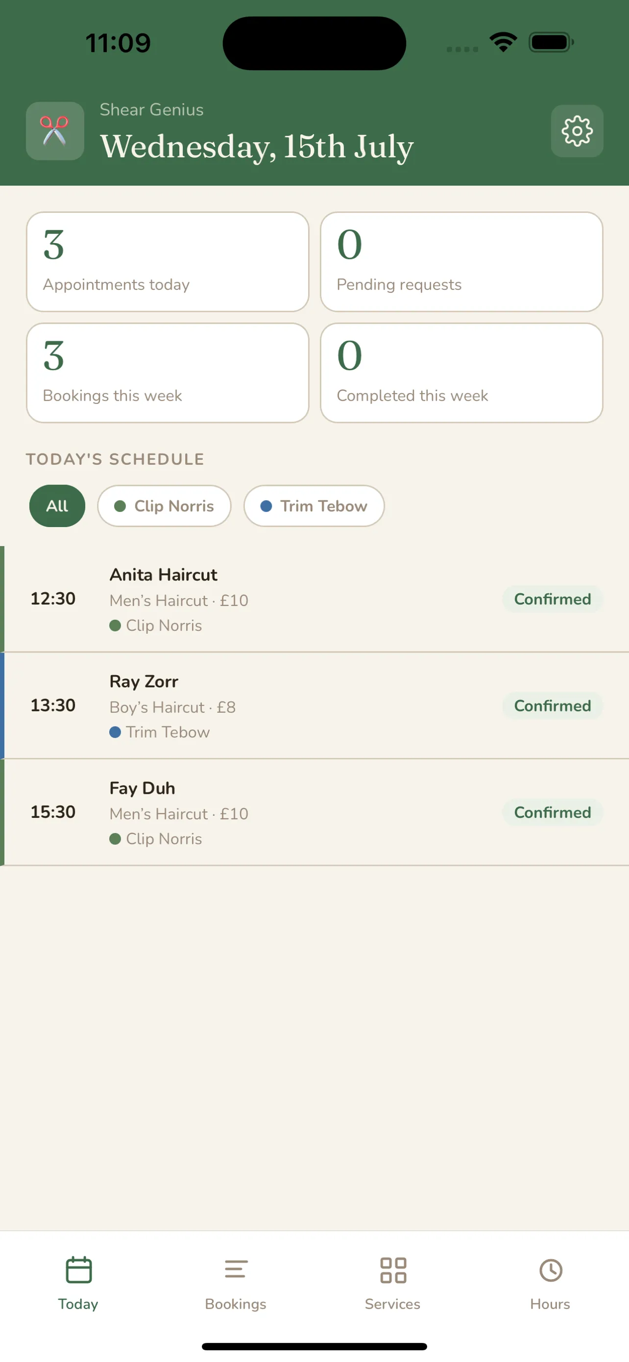 The TidyLike app showing today's schedule with three confirmed appointments